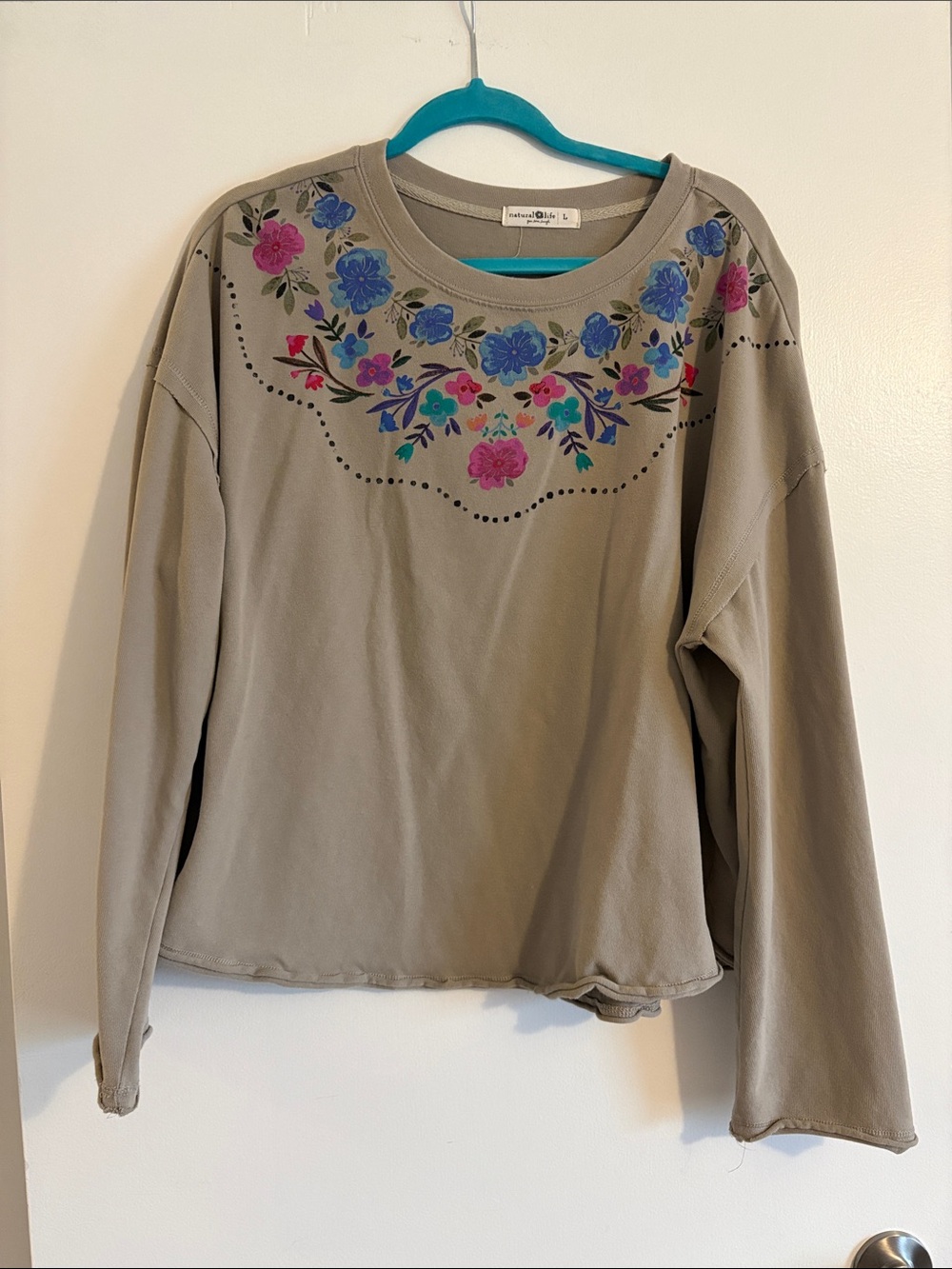 Women's Taupe Floral Yoke Long-Sleeve Top natural life cotton